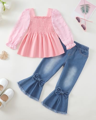 Image of Kucnuzki Toddler Kids Girl Clothes Long Sleeve Shirt Tops Baggy Jeans Cute Pants Set Baby Girl Outfit 2 Piece Clothing