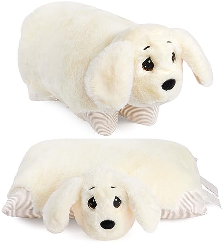 BRUBAKER Kuscheltier-Kissen Hund - 2 in 1 Plüschtier und Kuschelkissen - 40 x 30 cm Kuschelhund - aufklappbares Kinder Plüschkissen mit Klettverschluss - Tierkissen Hundekissen Stofftier - Weiß