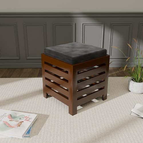 Image of ETIQUETTE ART Cushion Wooden Stool | Foot Stool | Fruit Square Table | Office Bedside Table | For Kitchen With Cotton Cover (Brown & Black), 30 Cm X 30 Centimeters