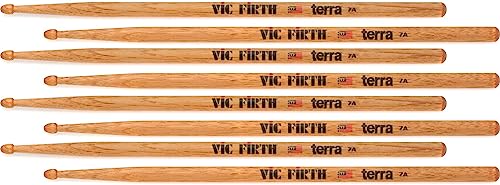 Vic Firth - American Classic® Terra Series Drumsticks 7AT - American Hickory - Wood Tip - 4 Pair Pack, Natural Wood, 7A Terra Wood Tip