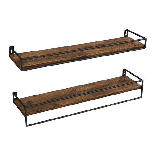 VASAGLE Wandregal 2er Set Schweberegal mit Stange Wandboard Aufbewahrung an der Wand für Küche Schlafzimmer Wohnzimmer vintagebraun-tintenschwarz 60 cm breit LWS461KD01
