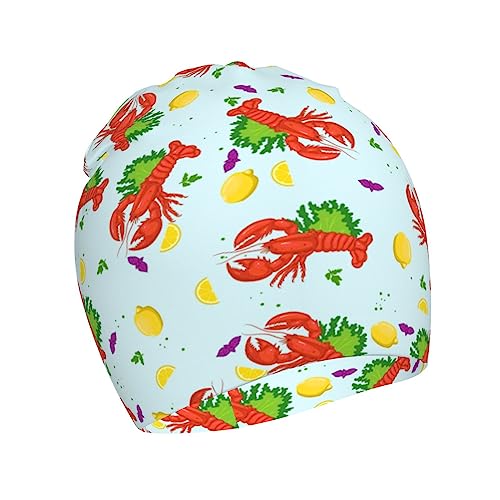 Cartoon Red Lobster and Lemon Print Kids Beanie Hats Warm Knit Beanie Cap Skull Caps Gifts Decor for Boys Girls