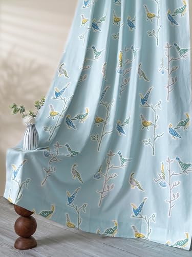 Image of Tranquebar Curtain Co. Window Curtains 5 Feet, 60-65% Room Darkening, Multicolor(Blue) Bird Print, Cotton Curtains for Window, BackTab Loops, Design Shiri (152 cm) - Set of 2
