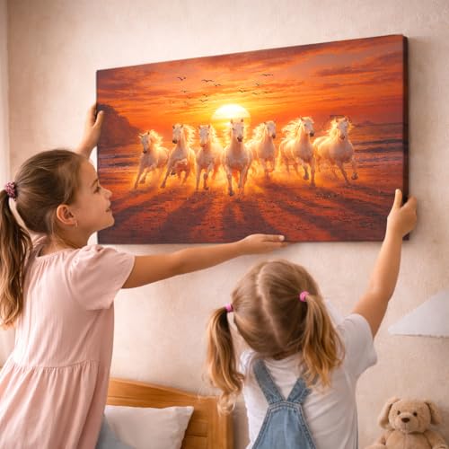 Image of Rousrie Big Size 7 Horses Vastu Frame Wall Art Painting, White Running Horses on Water, Rising Sun Wall Decor, Multicolor (50 cm x 75 cm)