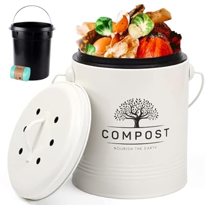 Perfnique Kitchen Compost Bin, 1.3 Gallon Countertop Compost Bin with Lid, Indoor Compost Bucket Includes Inner Bucket Liner and Carbon Filter, Small Compost Bin with Trash Bags (with Bags, Cream)