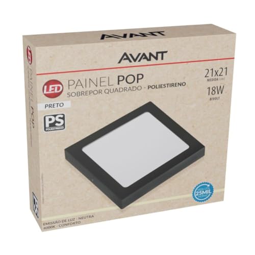 PAINEL PLAFON POP LED, 18W, SOBREPOR QUADRADO, EMISSÃO DE LUZ NEUTRA 4000K, PS PRETO, BIVOLT, AVANT