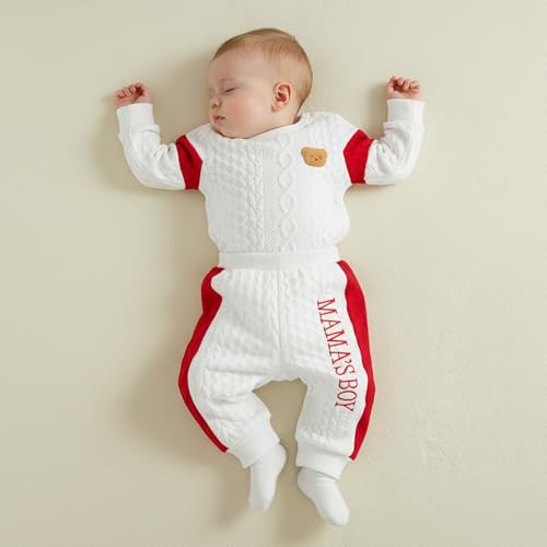 Image of Babieshouse Newborn Baby Boy Clothes Mamas Boy Bear Embroidery Long Sleeve Romper Pants Set Fall Winter Outfits 3-18 Months