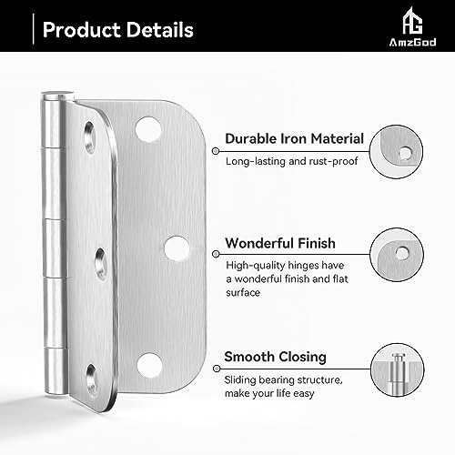 AmzGod Door Hinges Brushed Nickel - 18 Pack Nickel Door Hinges 3.5 Inch Rounded Interior Satin Nickel Door Hinge with 5/8" Radius - Flat Iron Residential Standard 3 1/2 Inches Silver Door Hardware by AmzGod - Image 5