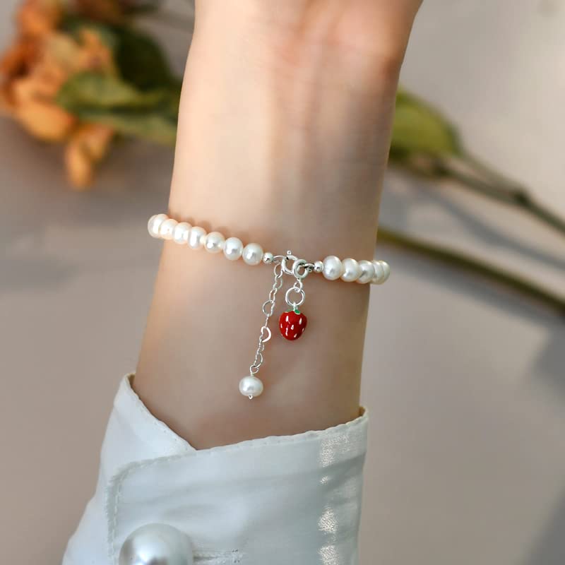 Pulsera con Colgante De Fresa Y Perlas Naturales De Agua Dulce, Joyería De Plata De Ley 925, Regalo para Mujer