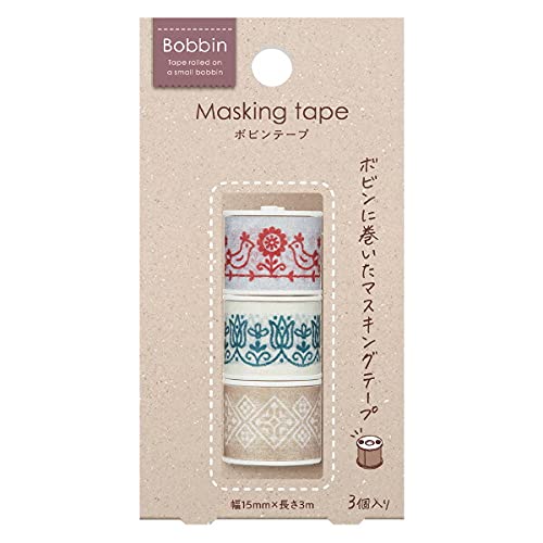 KOKUYO Bobbin Washi Tape Set, 3 Pack, Mini Masking Tape, Embroidery Pattern, 0.6" Wide, 9.8ft Long, Space-Saving Design, for Journals, Planners, DIY Crafts, Japan Import (T-B1115-9-3S) image 2