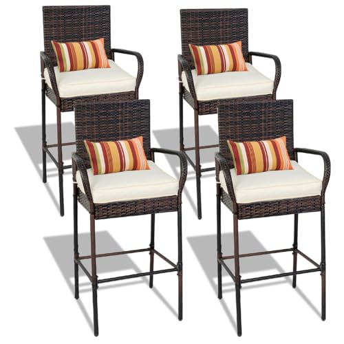 Image of Sundale Outdoor Wicker Bar Stool Set of 4, Patio Counter Height Pub Chair with Arms, High Top Rattan Barstool, Cushion Beige, All-Weather Outdoor Rattan Furniture (Brown&Beige, Small Seat - 4 Stools)