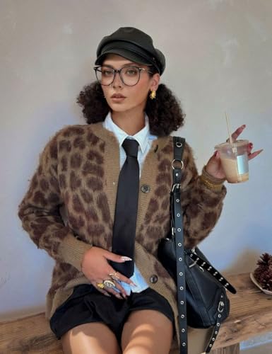 Image of Silent Vortex Women's Leopard Print Button Down Long Sleeve Fuzzy Cardigan Sweaters Vintage Cheetah Shrug Jackets