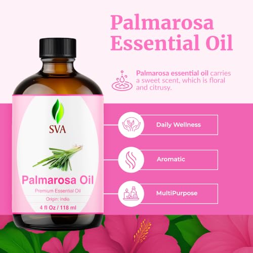 Image of SVA Palmarosa Essential Oil 4 Fl Oz - for Diffuser, Skin & Hair Care - Ideal for Massage & DIY Blends - with Dropper
