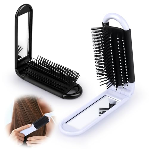 2 Piezas Cepillo de Pelo de Viaje con Espejo Plegable, Cepillo de Pelo Portátil, Cepillo de Viaje con Función de Masaje y Espejo Extraíble, Cepillos Plegable, Mini Cepillos para Gimnasio, Viajes