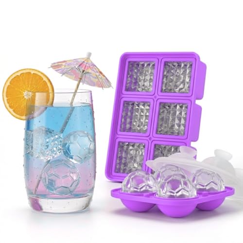 Image of Premium Combo of Large 3D Crystal Square Ice Cube Tray & Football Shaped Silicone Molds for Chilling Drinks, Chocolates, Juice, Jelly and Many More. Pack of 2 (Violet)