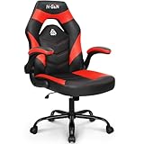N-GEN Video Gaming Chair Ergonomic Computer Desk Office Chair with Lumbar Support Adjustable Height Swivel Wheels Flip-Up Arms PU Leather Home and Office (Red)