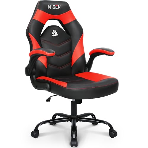 N-GEN Video Gaming Chair Ergonomic Computer Desk Office Chair with Lumbar Support Adjustable Height Swivel Wheels Flip-Up Arms PU Leather Home and Office (Red)