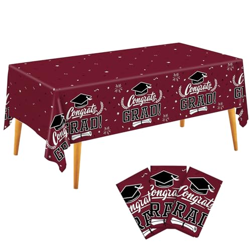 Image of Graduation Decorations 2026 - 3 PCS Maroon Graduation Tablecloths,Plastic Disposable Smoked Red Congrats Grad Table Cover for College PhD Party Decorations Class of 2026 Party Supplies,51.2x86.6inch
