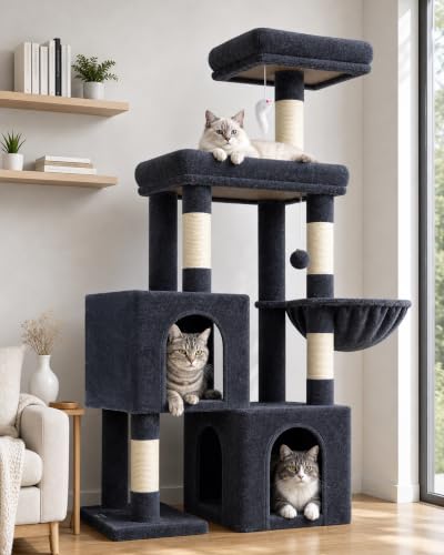 Image of Globlazer 52in Cat Tree Tower for Indoor Cats, 2 Condos, S52, Dark Grey | Multi-Level Plush House, 5 Sisal Scratching Posts, 2 Padded Top Perches, Big Metal Basket, Stable Enlarged Base