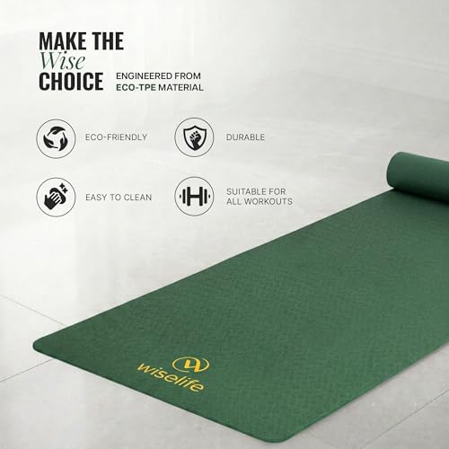 Image of WiseLife Classic Eco-TPE 6 MM Yoga Mat with Yoga Strap for Men & Women | Extra Thick, Long & Wide Non-Slip, Anti-Tear Exercise Mat for Home, Gym, Workout, Fitness, Yoga & Pilates (Green)