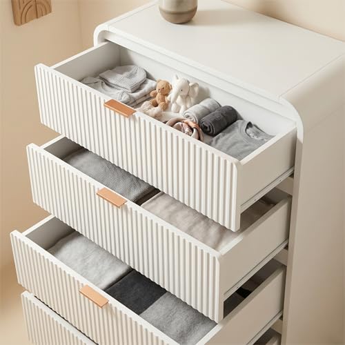 Image of FURSUN Fluted 5 Drawers Dresser for Bedroom, 48 inch Tall Wooden Modern Dresser with Metal Handle, Curved Profile Design, Storage Organizer for Bedroom, Living Room, Hallway, White