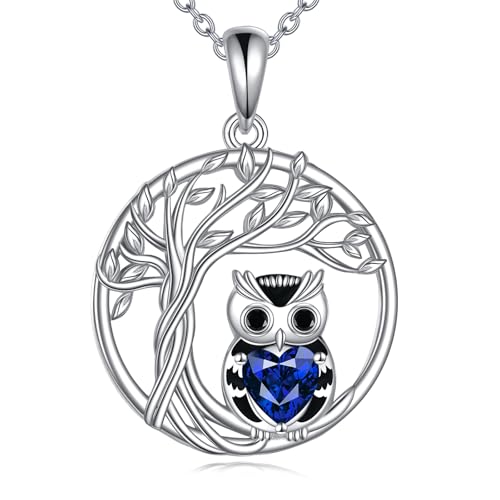 Owl Necklace 925 Sterling Silver Tree of Life Pendant Birthstone Jewelry Cute Animal Gift for Women Mother