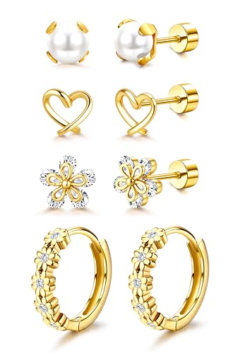 MILACOLATO 14K Gold Plated Hypoallergenic Earrings 316L Surgical Stainless Steel Cute Pearl Flower Butterfly Heart Strawberry Rainbow Flat Back Earrings Small Daisy Huggie Hoop Earrings Set for Sensitive Ears White