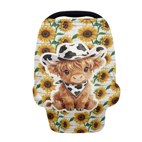 Image of Wanyint Infant Car Seat Cover Stretchy Nursing Scarf Car Seat Canopy Shopping Cart High Chair Cover Protect Babies Breastfeeding Mothers, Highland Cow Cowboy Sunflower