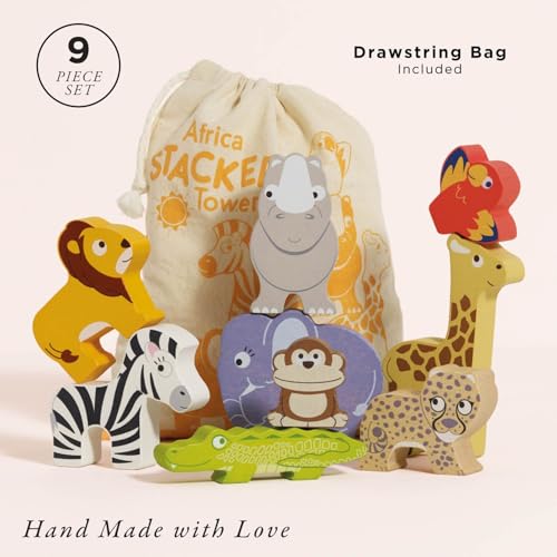 Le Toy Van - PL117 - Lernspiel Tiere der Savanne, stapelbar, für Kinder ab 18 Monaten, Balance-Aktivität, 9 Tiere und Tasche, aus FSC-Holz, ökologisches Spiel, plastikfrei, Petilou