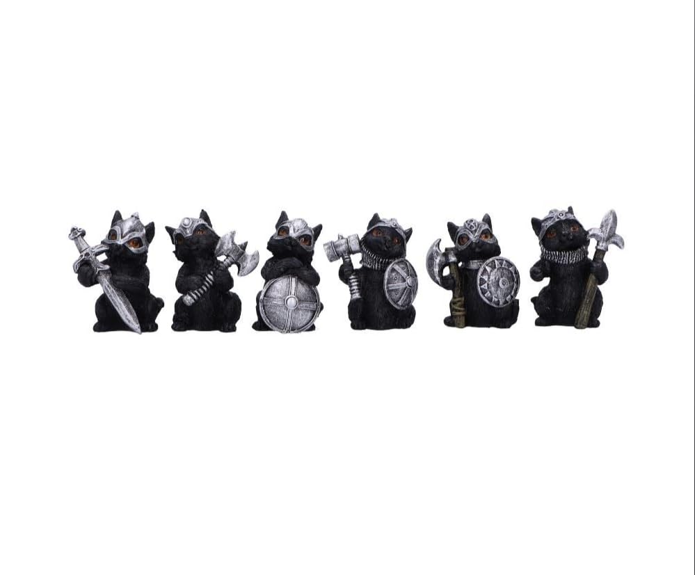 Nemesis Now Cat Crusaders Set of 6, Warrior Black Cat Figurines, Hand-Painted Shelf Collectibles and Medieval Decor
