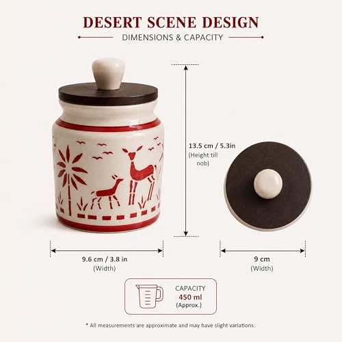 Image of Ceramic Kitchen Jars for Storage | Air Tight Containers with Wooden Lids | Masala, Salt, Pickle, Dry Fruits & Multi Utility Items Organiser Set (Hand-Painted, Red Deer, 450 ML, Pack of 4)