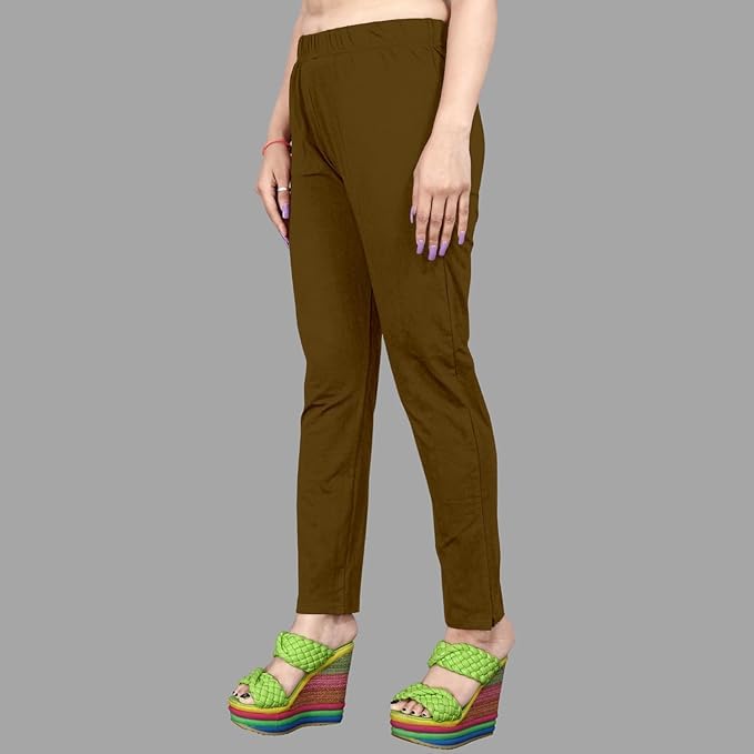 Image of Women's Solid Cotton Lycra Pants-High Waist Slim Fit Stretchable Leggings - Comfortable Long Trousers for Casual, Office & Everyday Wear