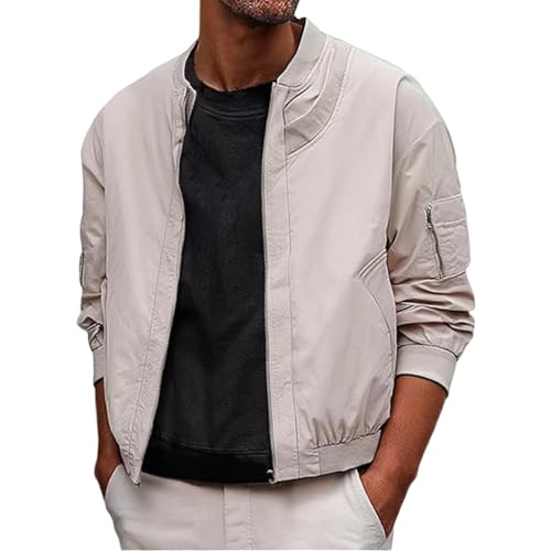 Chaqueta cortavientos ligera para hombre, chaqueta de entretiempo, chaqueta bomber, chaqueta de aviador, cuello alto, chaqueta de béisbol, con bolsillos con cremallera, chaqueta de invierno, beige, M