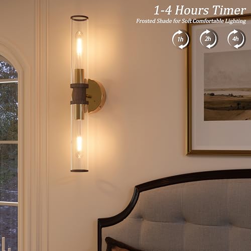 Image of Rayogale Gold & Walnut Wireless Battery Operated Wall Sconces with Remote | Glass Rechargeable Wall Lights Set of 2 with Timer Function Dimmable for Living Room Bedroom Emergency 3000K, 20.5 Inch