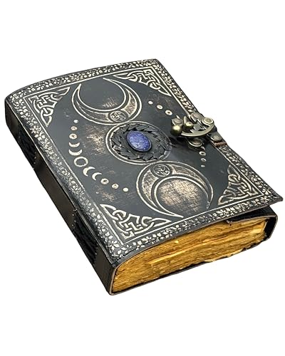 Lapis – Diário de couro preto com lua tripla A5 | Pedra lápis-lazúli na parte superior | 200 páginas