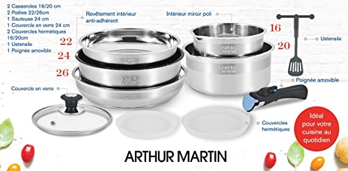 Arthur Martin AM0025 Batterie de cuisine amovible 10 pièces Acier Inoxydable Casserole avec bec verseur Poignée amovible tous feux dont induction – Image 4