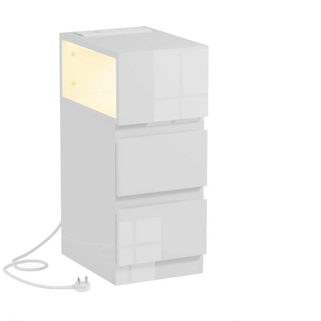 Pantanal Small Bedside Table Cabinet with Charging Station, Narrow Side Table Slim Drawers Nightstand with USB Ports & Power Sockets for Bedroom Living Room (25cm led 2 drawers high gloss white)