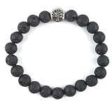LE DEUCALION Bracelet NOIR Mat, sur Elastique, avec Pierres Naturelles de Lave. Cache nœud Motif Rond arbre de vie en acier inoxydable argenté. Idée cadeau NOEL, ST Valentin