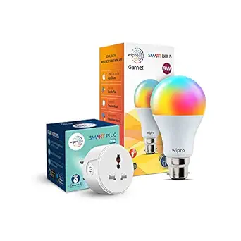 Wipro 10A Smart Plug-Suitable For Small Appliances-TVs, Electric Kettle, Mobile & Laptop Chargers + 9W WiFi Smart LED Bulb with Music Sync Compatible with Alexa and Google Assistant