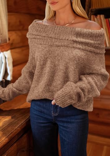 PRETTYGARDEN Women's Off The Shoulder Sweater Long Sleeve Tops 2025 Fall Loose Knit Pullover Sweaters Winter Clothes