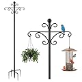 Bird Feeders Hanging Station, 194cm Free Standing Bird Feeder Poles Hangers with Double Crooks Hook, Heavy Duty Metal bird tables for Garden, Outdoor, Lanterns, Light- 03