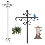 Bird Feeders Hanging Station, 194cm Free Standing Bird Feeder Poles Hangers with Double Crooks Hook, Heavy Duty Metal bird tables for Garden, Outdoor, Lanterns, Light- 03