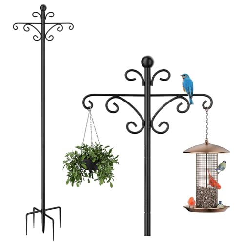 Bird Feeders Hanging Station, 194cm Free Standing Bird Feeder Poles Hangers with Double Crooks Hook, Heavy Duty Metal bird tables for Garden, Outdoor, Lanterns, Light- 03