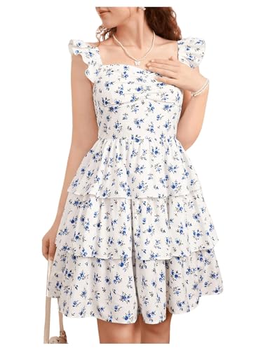 Girl's Floral Summer Dress Ruffle Shirred High Waist Ruched Sweetheart A Line Spring Dress Solid White 14Y3