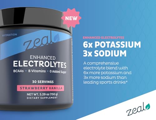 Image of Zeal Electrolyte Powder - 30 Servings | Keto Electrolytes Powder | Zero Sugar, BCAAs, B-Vitamins | Potassium, Zinc, Magnesium | Hydration Powder Recovery Drink | Strawberry Vanilla