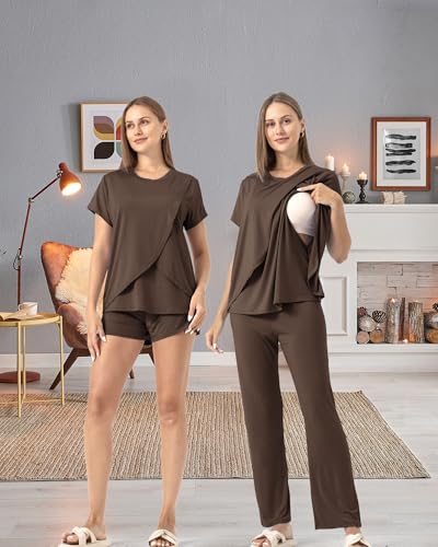 SUNNYBUY 3-teiliges Still-Pyjama-Set für die Zeit nach der Geburt, lässig, weich, Umstands-Pyjama, Nachtwäsche, Loungewear, Kleidungsschicht, Kaffee braun M