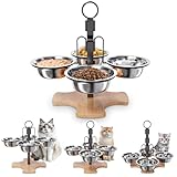 Elevated Cat Bowls with Stand, 3 Height Raised Food & Water Bowl Set for Indoor Cats, 4 Stainless Steel Tilted Pet Dishes for Small Dogs, Non-Slip Feeding Station with Anti-Spill Design