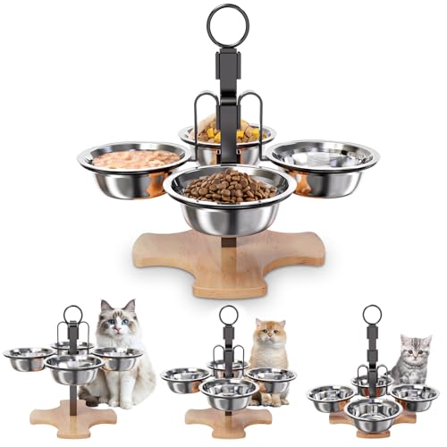 Elevated Cat Bowls with Stand, 3 Height Raised Food & Water Bowl Set for Indoor Cats, 4 Stainless Steel Tilted Pet Dishes for Small Dogs, Non-Slip Feeding Station with Anti-Spill Design
