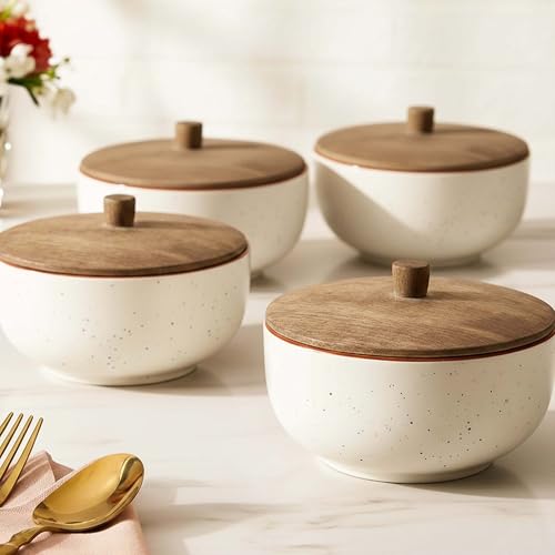 Image of The Earth Store White Marble Ceramic Bowl Set of 4 - 500ML Each with Nob Wooden Lid | Mixing Bowls for Snacks, Rice, Dal, Fruits, Salad Microwave Safe Bowl with Lid Perfect Gifting & Daily Use