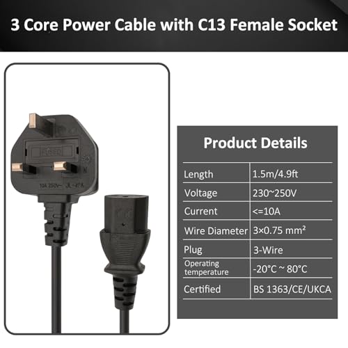 90 Degree PC Power Cable, 1.5 Metre EC C13 Power Cable Upward Angle, UK 3-Pin Fused Plug Copper Core 250V 10A Electric Cable Supply Kettle Monitor TV Computer Printer Replacement Lead, Black